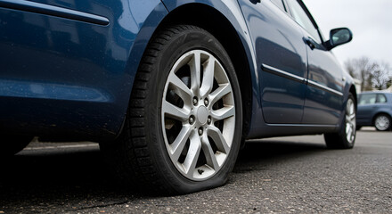 Flat Tire on a Blue Car Parked on Wet Asphalt Surface after Road Accident Damaged the Vehicle