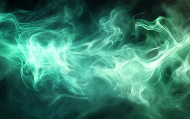 Obraz premium Abstract glowing emerald smoke swirls softly against a dark backdrop, creating an ethereal effect
