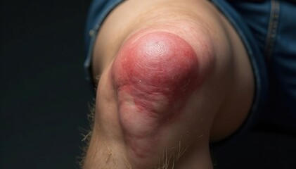 Close-up of a bandaged knee, showing a scraped and bruised area Focus on the injury and texture , scrape, swollen, well-being