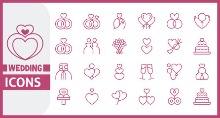 Elegant Line Icon Set in Linear Style Featuring Wedding Themed Symbols Including Bride, Groom, Lovers, Wedding Rings, Cake, and Car in Conceptual Outline Design