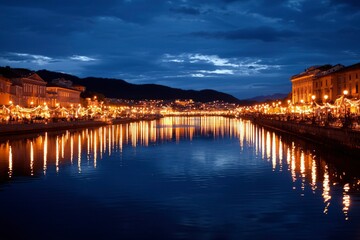 Obraz premium City by River at Night