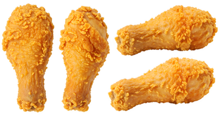 set of 4 Crispy Fried Chicken Drumsticks Isolated on White background, Golden Crunchy Fried Chicken Pieces on white background, crispy fried chicken pieces