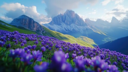 Fototapeta premium Purple wildflowers in vibrant alpine meadow with majestic mountain view