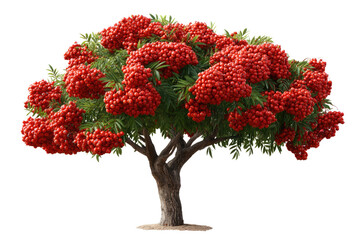 Vibrant Red Tree: A solitary tree, brimming with striking clusters of red berries, displays its full beauty against the sun. Capturing the vibrant colors and textures of nature.