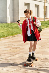 Skateboarding through campus in a stylish red bomber jacket with coffee in hand