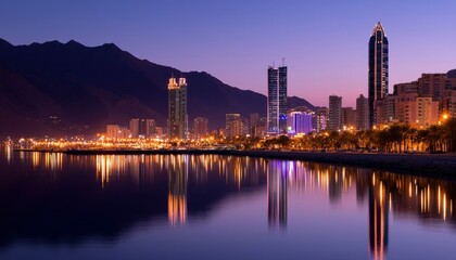 Fototapeta premium City skyline at dawn, reflected in calm waters