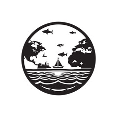 World Oceans Day Silhouette Vector Illustration, Solid White Background.