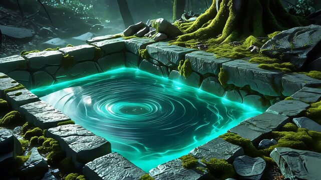 Mysterious glowing square stone pool with swirling turquoise water in moss-covered forest surrounded by rocks and roots in soft light

