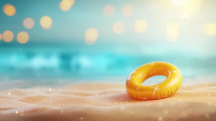 Obraz premium Sun-Kissed Summer: A vibrant yellow inflatable ring rests on the sun-drenched sands of a beach, the ocean in the background. capturing the spirit of relaxation and carefree summer days.