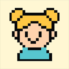 Pixel girl avatar with yellow bows and happy expression