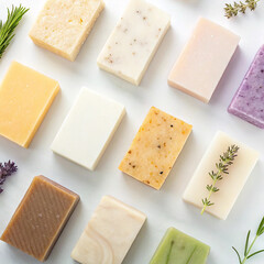 Bath soap collection with essential oils on white background