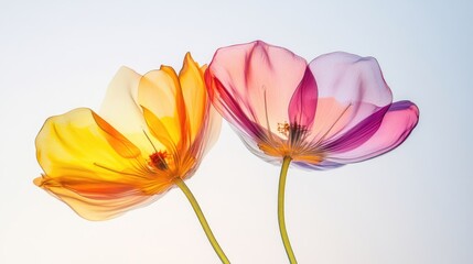 Obraz premium Colorful two spring flowers on white background. Wild flowers, spring grass seamless pattern 3d realistic. Minimal scene for model products, stage showcase, promotion display.