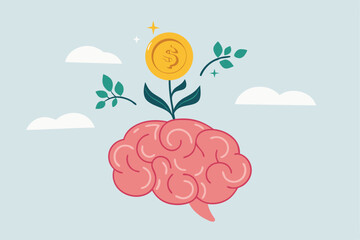 Money attitude, investing mindset or financial knowledge, wealth inspiration, investment brain, wisdom or inspiration, rich or profit growth concept, brain with grow seedling with money dollar coin.