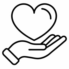 Heart in hand outline icon on white background