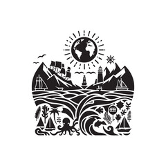 World Oceans Day Silhouette Vector Illustration, Solid White Background.