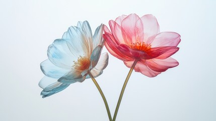 Fototapeta premium Colorful two spring flowers on white background. Wild flowers, spring grass seamless pattern 3d realistic. Minimal scene for model products, stage showcase, promotion display.