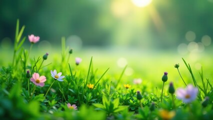 Fototapeta premium Vibrant wildflowers bathed in the golden sunlight of a tranquil meadow, a serene springtime scene