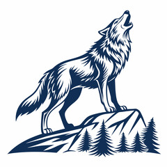 Create a bold vector illustration of a wolf howling at the moon, emphasizing thick black outlines and a strong silhouette.