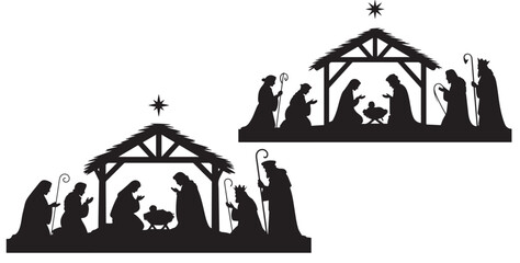 set of vector style Christmas nativity scene silhouette icon