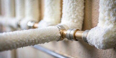 Close-up of insulated pipes with frost accumulation, showcasing efficient thermal protection and potential condensation issues