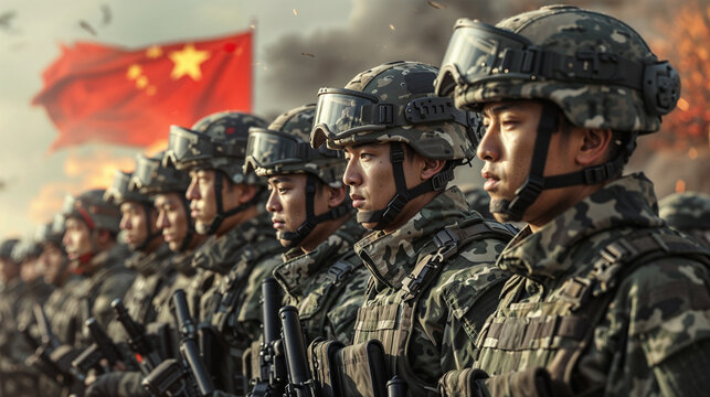 Chinese soldiers standing in formation with combat gear and helmets against backdrop of national flag and dramatic lighting, expressing discipline and military strength - Powered by Adobe