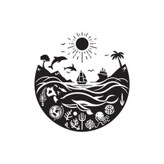 World Oceans Day Silhouette Vector Illustration, Solid White Background.