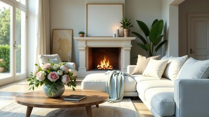 Sunlit living room interior featuring a cozy sectional sofa, a fireplace with a warm fire, a wooden coffee table with a bouquet of roses, and soft natural light streaming through large windows