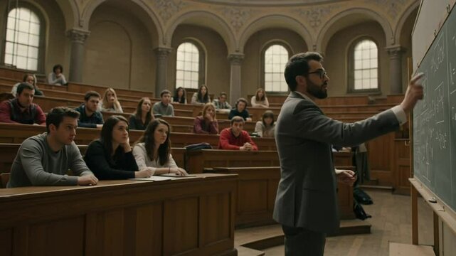 Professor interacting with students during a university lecture in an amphitheater.