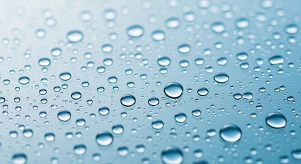 Close-up of water droplets on a light blue surface.