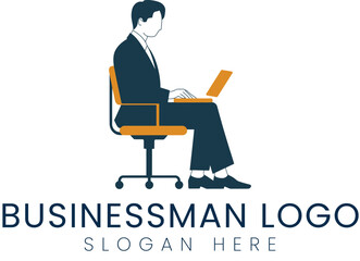 Businessman Working Laptop Office Chair Logo Design job desk flat icon blue dark