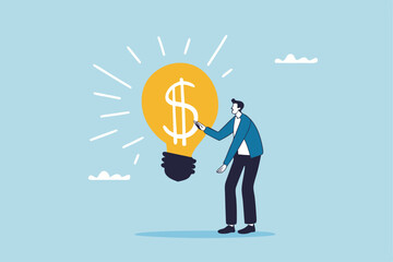 Idea pitching, startup idea or entrepreneurship funding, venture capital meeting, business idea to make money presentation, investment discussion concept, businessman present money idea lightbulb.