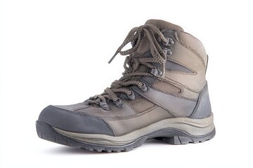 Durable gray hiking boot, perfect for outdoor adventures.  Laces tied, ready for the trail.
