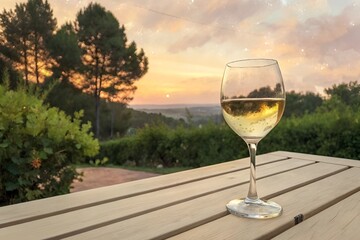 Chilled White Wine Glass Outdoors at Sunset on Wooden Table with Lush Background