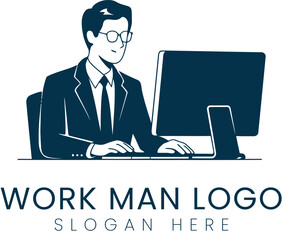 Professional Businessman Working Computer Logo Design job tie desk suit icon    