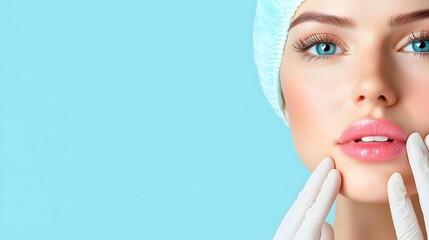 Close up photograph of a medical professional gently massaging a patient s chin post filler treatment to ensure even distribution and a clean background with copy space