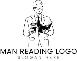 Elegant Man Reading Book Coffee Minimalist Logo cup tie art icon suit work line 