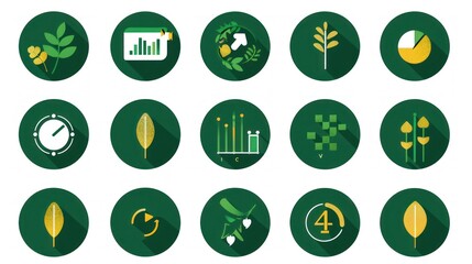Collection of various green-colored, circular icons, showcasing diverse graphic elements