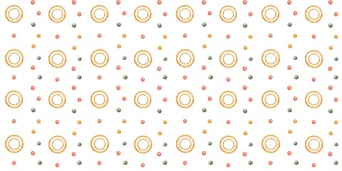 Hand-Painted Geometric Watercolor Pattern Background. Seamless pattern of watercolor circles and dots in orange, green, and red on white background.