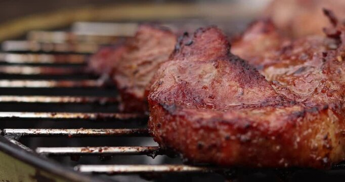 Beef steak on fire coals on iron grill in flame of smoke. Barbecue pork steak meat on grill. Roasting beef steak in burning charcoals fire on bbq grill. Beef steak grilling. Barbecue meat grill.
