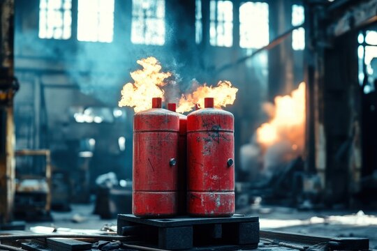 Red propane tanks on a pallet with flames and smoke inside a warehouse. Use for industrial safety, hazard, and construction concepts.