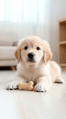 cute dogs with different poses A playful golden retriever puppy lying on the floor with a chew bone, radiating cuteness and innocence.