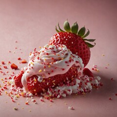 A strawberry scoop topped with heart-shaped sprinkles, with melting trails catching the light.