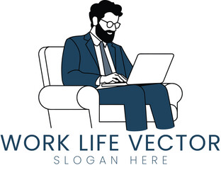 Businessman Working Laptop Modern Office Chair Vector home blue flat icon style 