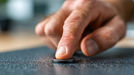 Männlicher Zeigefinger drückt flachen runden Taster auf strukturierter Oberfläche
