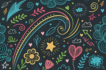 Fototapeta premium Vibrant, hand-drawn doodle pattern featuring bold, multicolored strokes; chaotic yet playful design; suitable for textile prints or vibrant backgrounds.