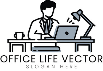 Professional Businessman Working Laptop Office Desk Vector job icon lamp gray   