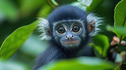 Obraz premium Young dusky langur monkey among lush green leaves in tropical forest