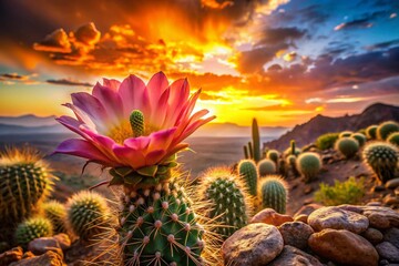 Blooming Desert Cactus Double Exposure - Surreal Botanical Art