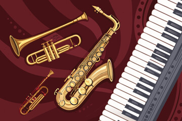 Create a vibrant vector illustration featuring a bold saxophone as the focal point, accompanied by a piano and other jazz instruments.  Emphasize a retro style.
