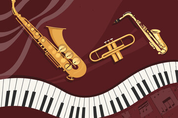Create a vibrant vector illustration featuring a bold, prominent saxophone alongside a grand piano, showcasing classic jazz instruments.  Include stylistic details.